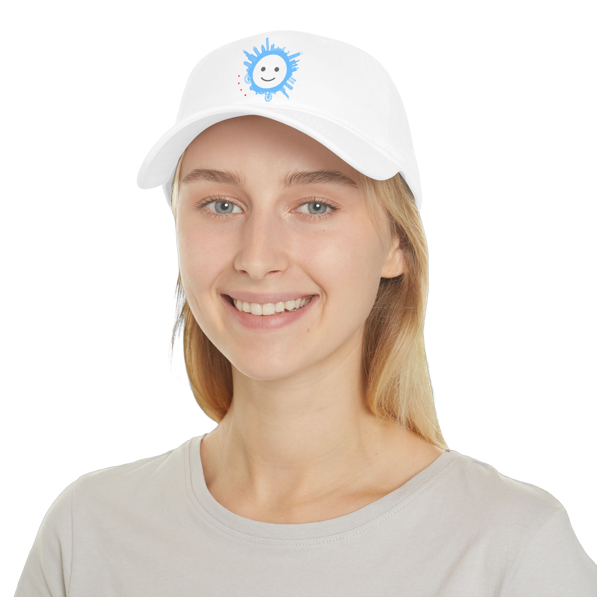 Smiley Splash Cap — White Low Profile Baseball Hat with Blue Paint Splatter - Image 3
