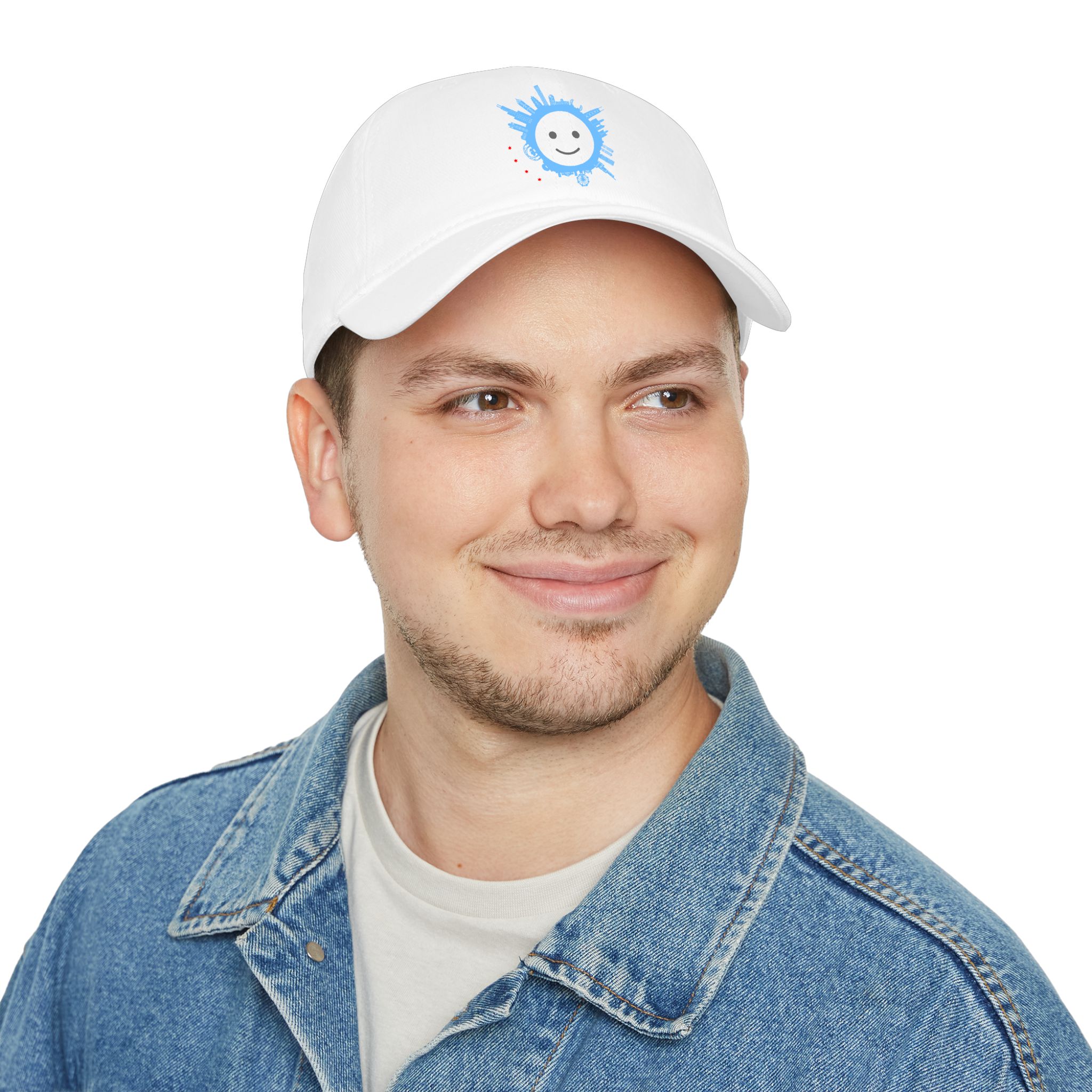 Smiley Splash Cap — White Low Profile Baseball Hat with Blue Paint Splatter - Image 4
