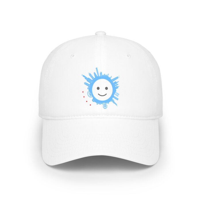 Smiley Splash Cap — White Low Profile Baseball Hat with Blue Paint Splatter