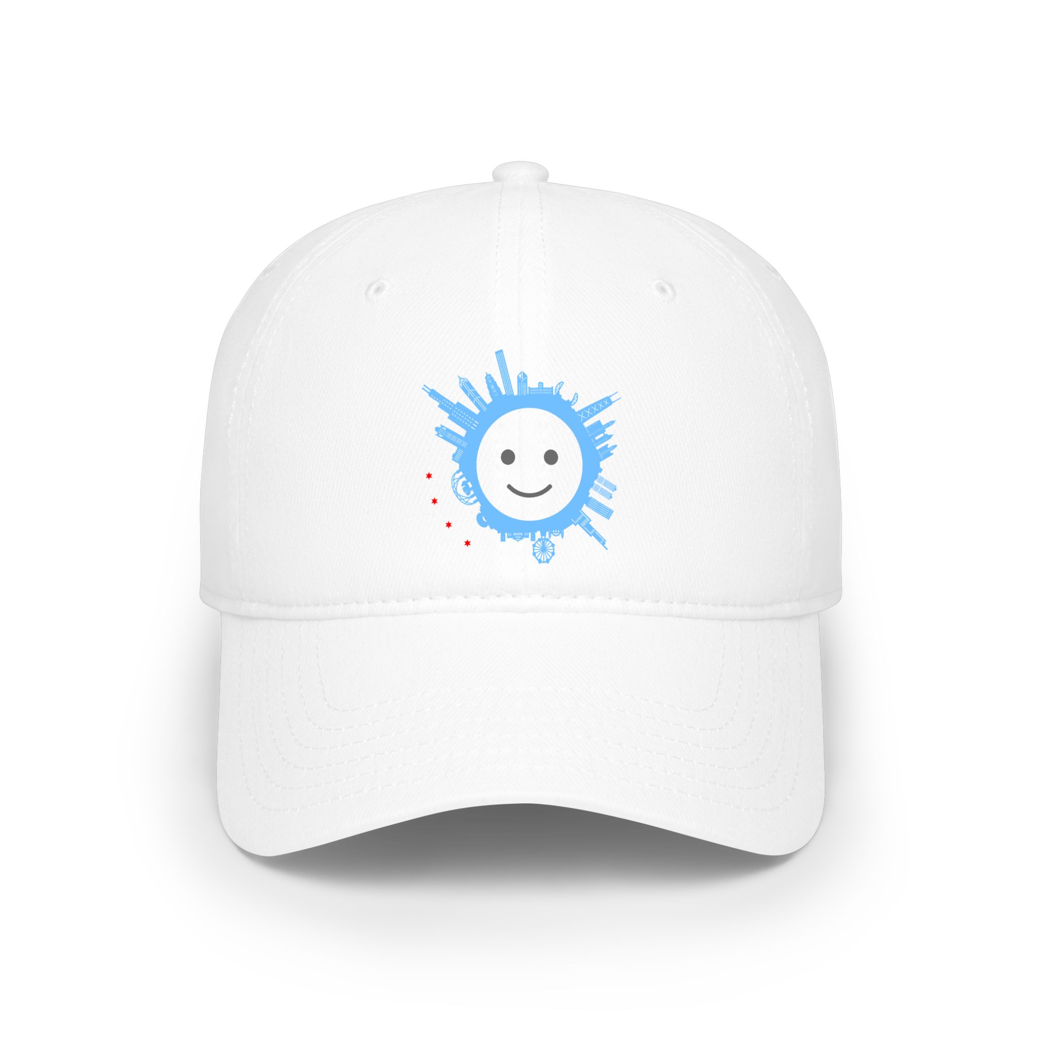 Smiley Splash Cap — White Low Profile Baseball Hat with Blue Paint Splatter