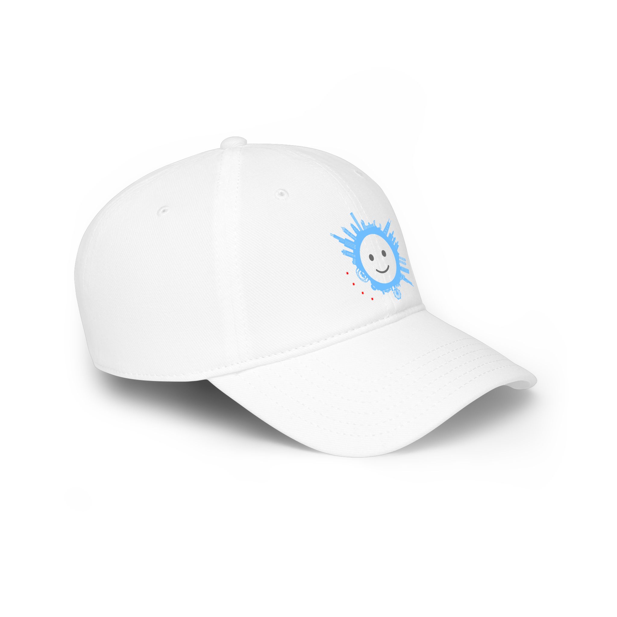 Smiley Splash Cap — White Low Profile Baseball Hat with Blue Paint Splatter - Image 2